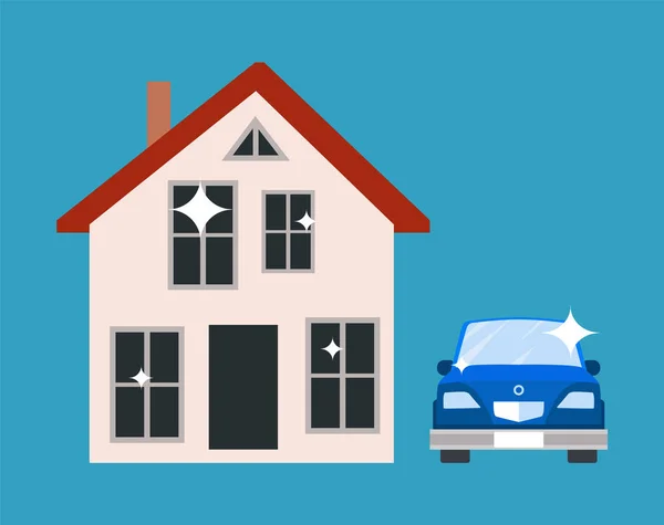 Hus och blå bil affisch vektorillustration — Stock vektor