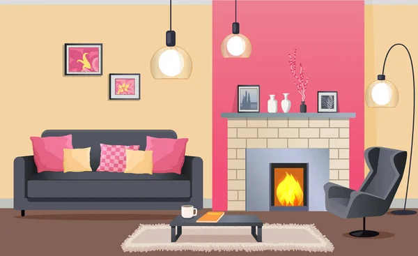 Interior Design of Cozy Living Room with Fireplace — Stock Vector