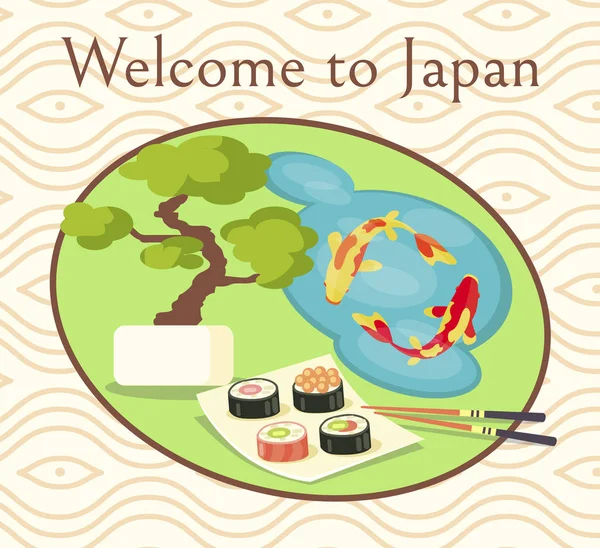 Bienvenido a Japón Poster promocional con sushi — Vector de stock