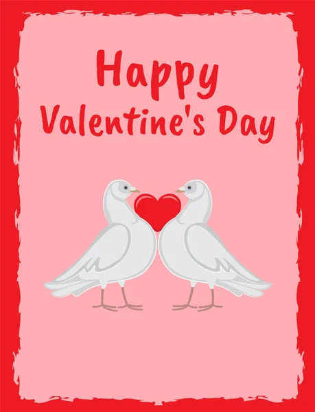 Feliz dia dos namorados pombas pôster segurando coração vermelho — Vetor de Stock
