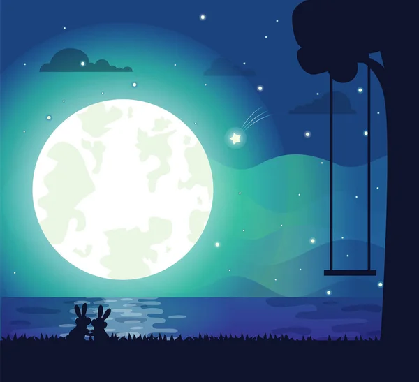 Moon and River Silhouette Vector Illustration