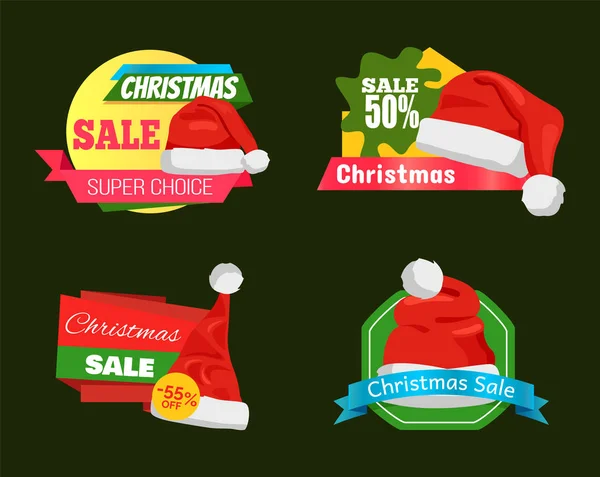 Gran Diversidad de Sombreros Santa en Etiquetas de Compras — Vector de stock