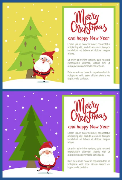 Merry Happy New Year Poster Santa kerstboom — Stockvector