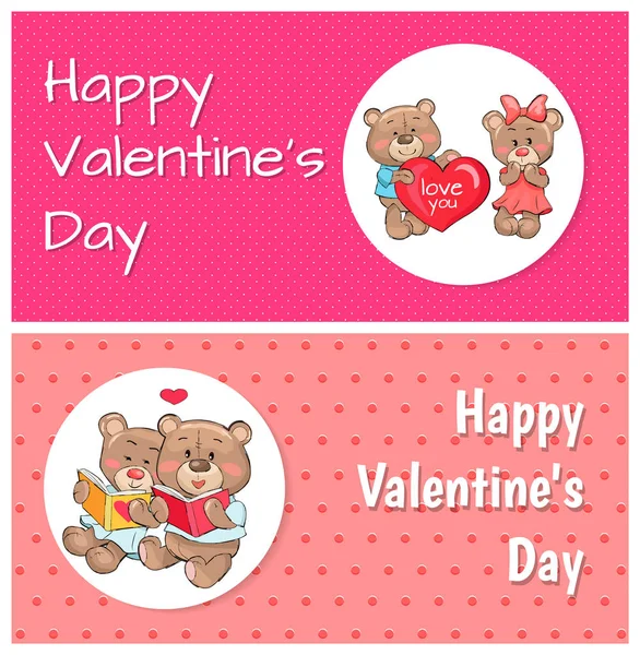 Happy Valentines Day Posters Plush Fluffy Teddies — Stock Vector