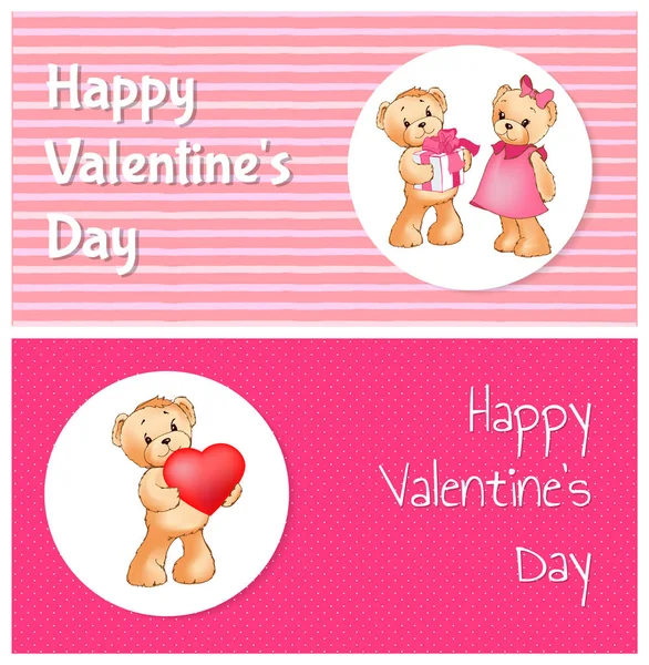 Happy Valentines Day Poster with Two Teddy Bears — Stock Vector
