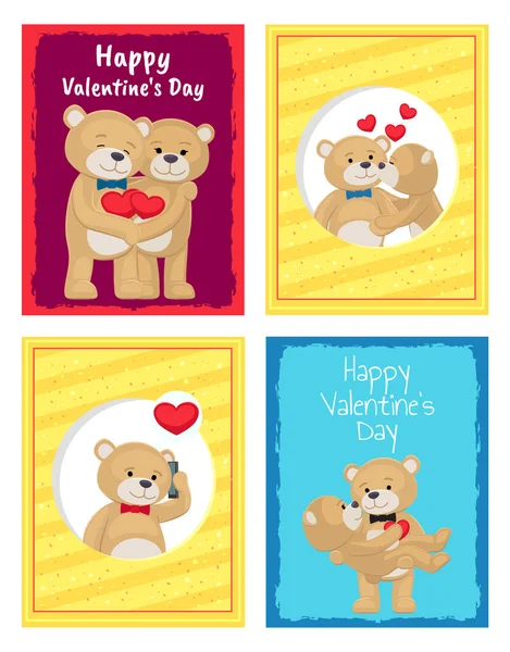 Feliz día de San Valentín carteles conjunto osito de peluche pareja — Vector de stock