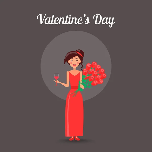 Día de San Valentín Placard con la mujer en vestido rojo — Vector de stock