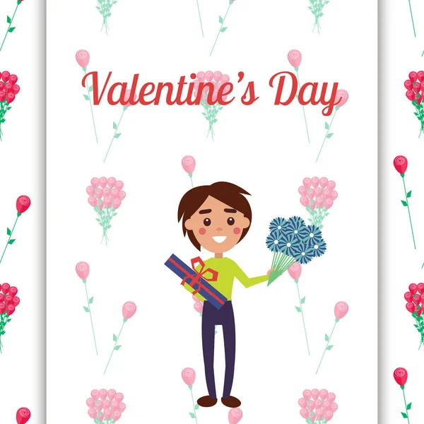 Niño sosteniendo presente y flores en el día de San Valentín — Vector de stock