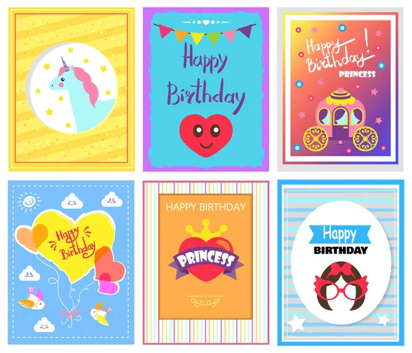 Happy Birthday Princess Cards Vector Illustration — Stock Vector