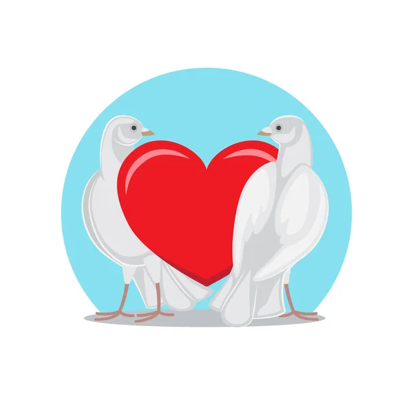Två duvor står rött hjärta symboler för evig kärlek — Stock vektor
