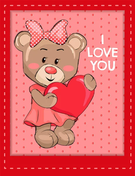 I Love You Poster with Bear Female Holds Red Heart — Stock Vector