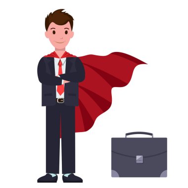 Takım elbise ve bavul ile kırmızı pelerin işadamı