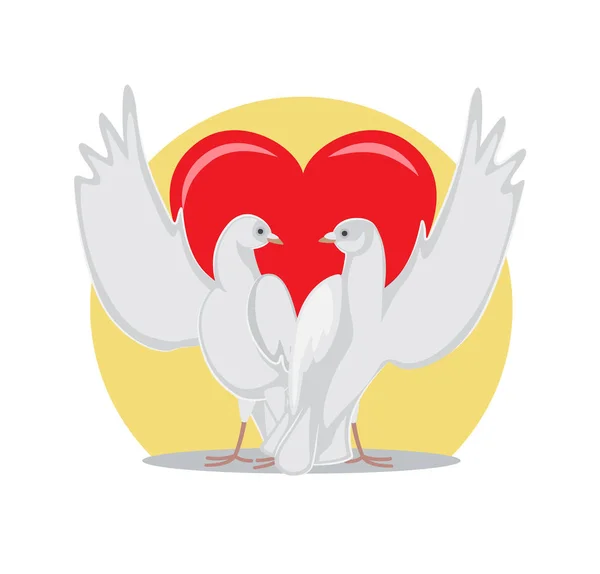 Två duvor stiga vingar upp på bakgrund av rött hjärta — Stock vektor