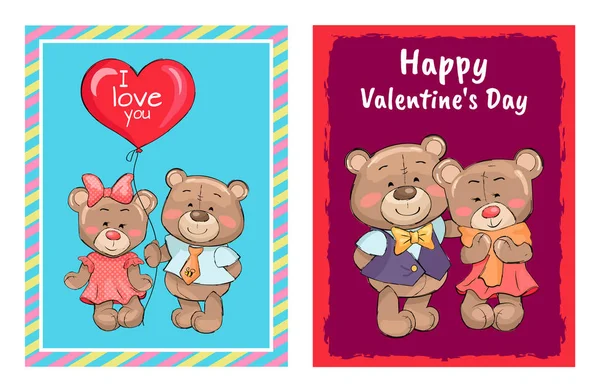 Happy Valentines Day Poster Couple of Teddy Family — Stock Vector