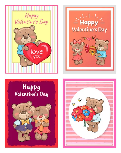 Feliz día de San Valentín cartel conjunto de peluche con ramo — Archivo Imágenes Vectoriales