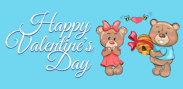 Happy Valentines mannelijke teddybeer houdt korf honing — Stockvector