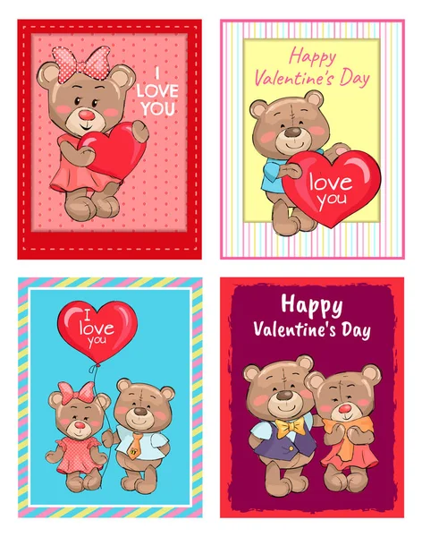 Feliz día de San Valentín Te amo Set of Poster Bear — Vector de stock