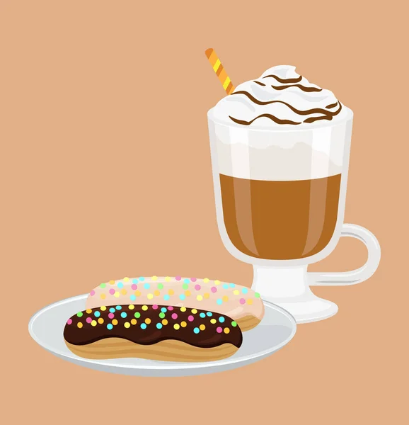 Cappuccino y panadería dulce Vector Ilustración — Vector de stock