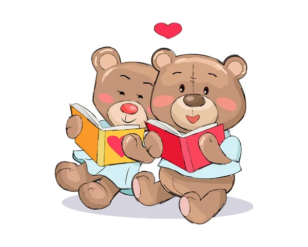 Teddy Bears Ler Livros com Coração Sign Vector —  Vetores de Stock