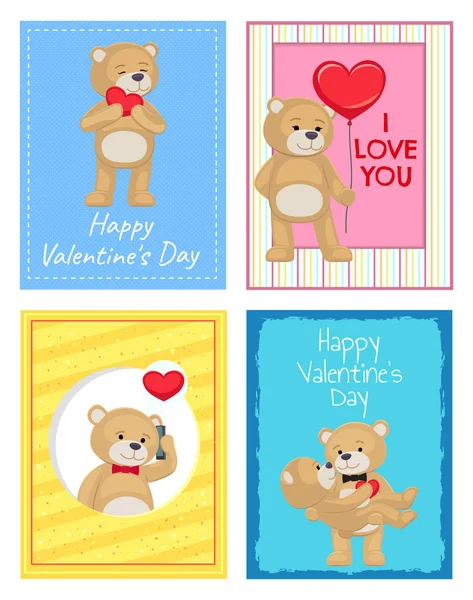 Happy Valentines Day ansichtkaarten met zachte beren — Stockvector