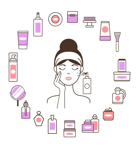 Vrouw in hoofdband binnen cirkel van cosmetische middelen — Stockvector