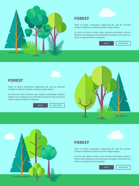 Banner web de vectores forestales con árboles y arbustos — Archivo Imágenes Vectoriales