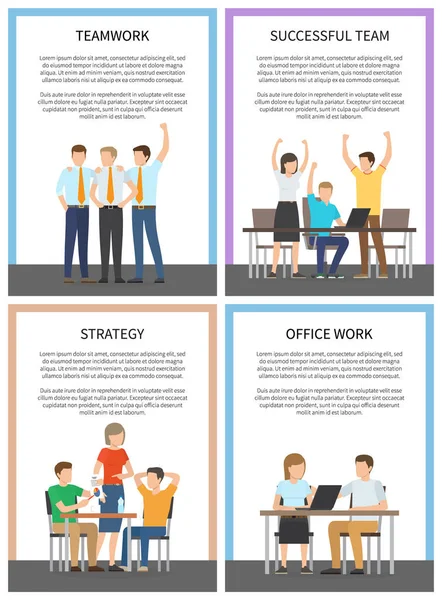 Set Office Team Work Successful Strategy Cards — Stock Vector