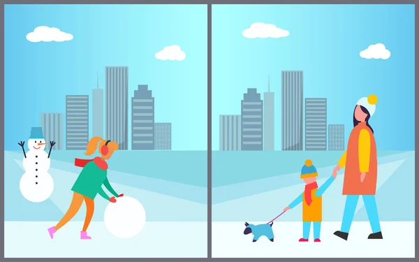 Mujer haciendo muñeco de nieve madre e hijo caminando — Archivo Imágenes Vectoriales