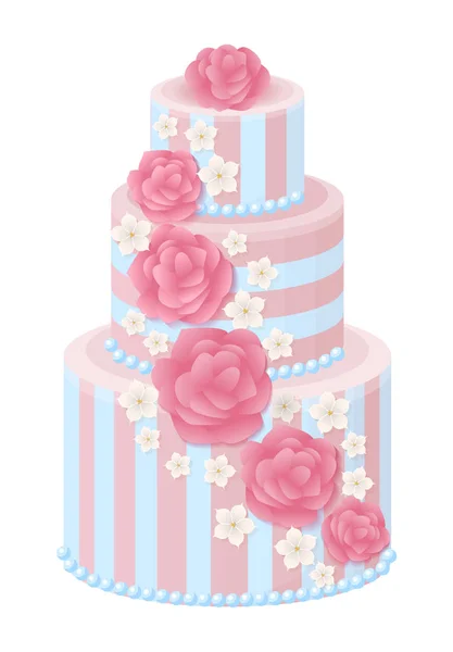 Gâteau de mariage à trois niveaux décoré de roses vitrées — Image vectorielle