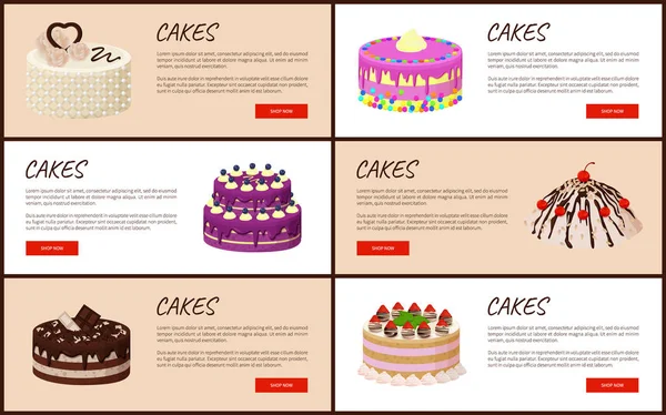 Pagina delle varietà di torte Illustrazione vettoriale del negozio online — Vettoriale Stock