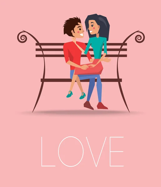Liebesplakat mit glücklichem Paar auf Bank — Stockvektor