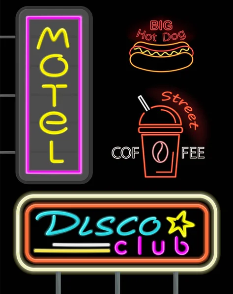 Motel és Disco Club beállítása Neon vektor illusztráció — Stock Vector