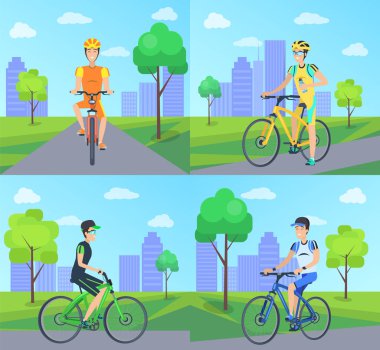 Bisikletçiler vektör çizim sürme gülümseme ile