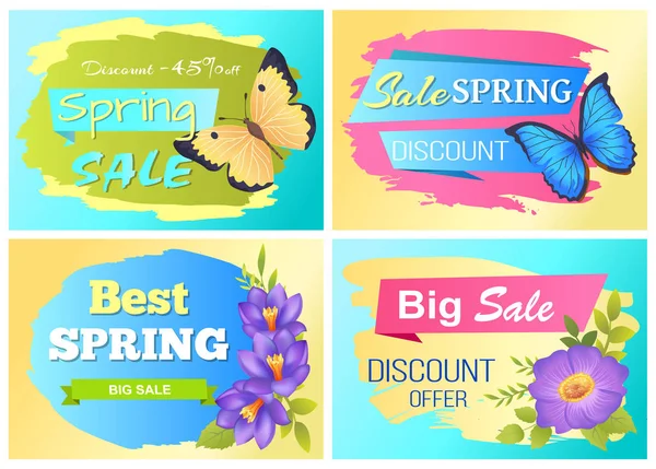 Große Frühlingsverkauf Werbung Etiketten Blumen Schmetterling — Stockvektor