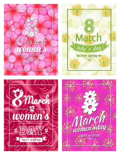 Conjunto de cartazes Ladies Day Love Spring 8 Março de Texto — Vetor de Stock