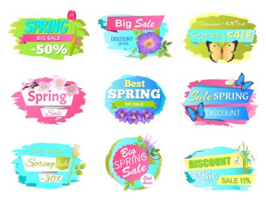 Bahar satış Sickers illüstrasyon Promo Etiketler vektör