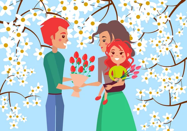 Отець дає Bouqet тюльпани дружина і дочка — стоковий вектор