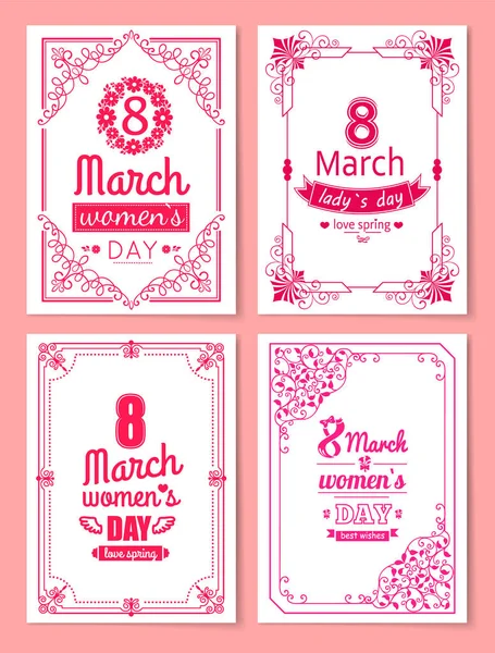 Frauentagspostkarte mit großem Schild und wirbelndem Rahmen — Stockvektor