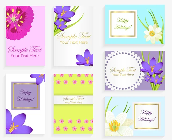 फूलों और पाठ सेट के साथ रंगीन कार्ड ग्रीटिंग — स्टॉक वेक्टर