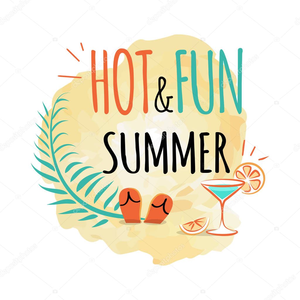 Hot and fun summer icon cartoon style logotype. Isolated vector illustration of refreshing beverage with orange and pair of flip-flops on sand