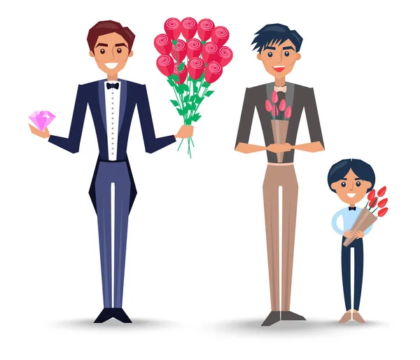 Personagens masculinos com Bouquets Illustrations Set — Vetor de Stock