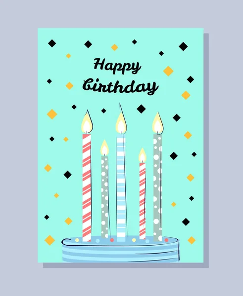 Carte postale joyeux anniversaire avec gâteau et bougies — Image vectorielle