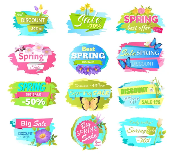 Gran conjunto de venta de primavera Publicidad Etiquetas Flor — Vector de stock