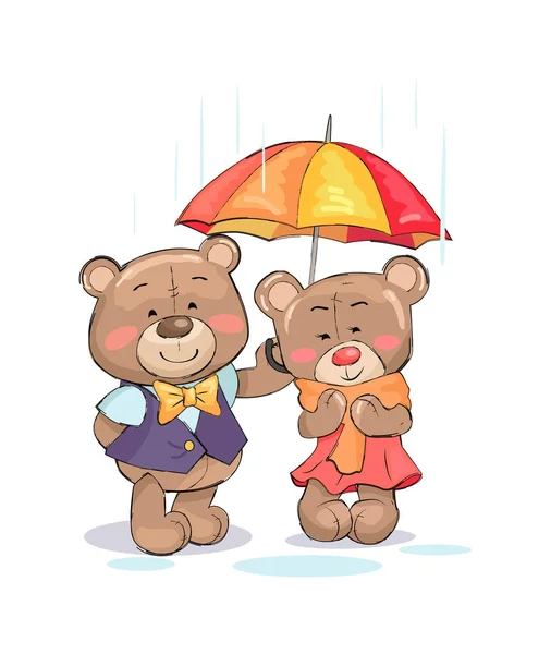 Bonito teddy-ursos stand sob guarda-chuva menino menina —  Vetores de Stock