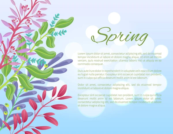 Banner de primavera brillante con ramas verdes y hierbas — Vector de stock