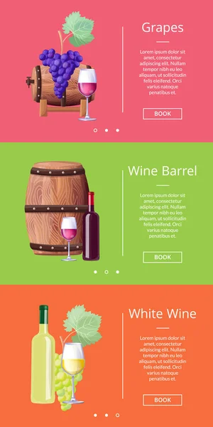 Beczka na wino białe winogrona Online plakaty wektor zestaw — Wektor stockowy