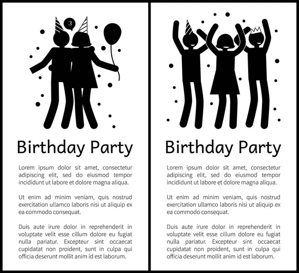 Banners de fiesta de cumpleaños con siluetas de gente — Archivo Imágenes Vectoriales