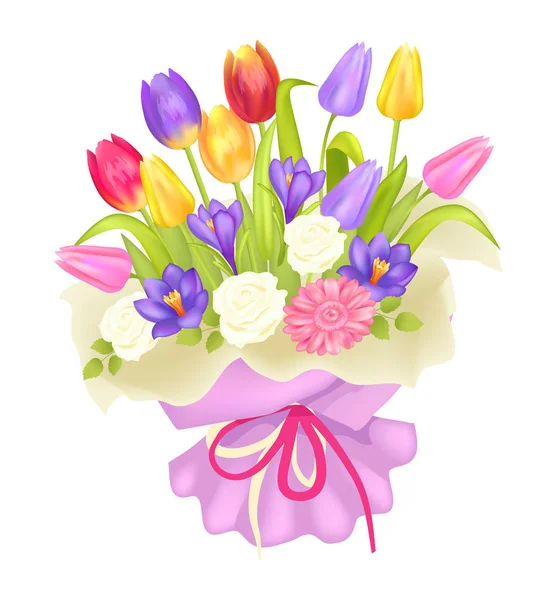 Bukiet kwiatów w dekoracje Zawijanie tulipanów Krokus — Wektor stockowy