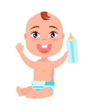 Mutlu bebek bezi içinde elinde şişe süt tutun