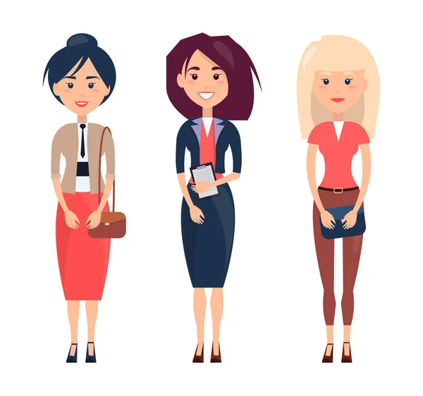 Ilustracja wektorowa trzech kobiet w różnych sukienki — Wektor stockowy